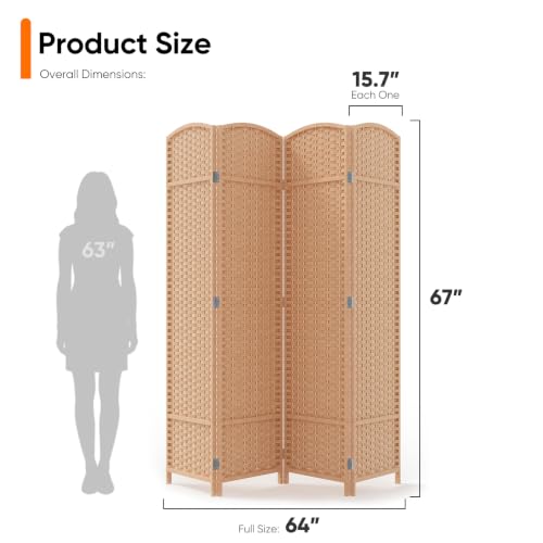 4-Panel Room Divider Screen, 69'' Tall, Natural Woven Privacy Panel — 4-Panel Variation