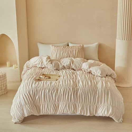 Full Size Khaki Gathered Ruffled Bedding Set Duvet Cover for Teen - Elegant Farmhouse Style