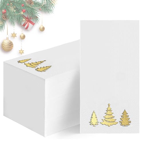 Gold Foil Christmas Paper Napkins 100Pcs - Holiday Party Guest Towels - Merry Christmas Decor - Goldxmastree