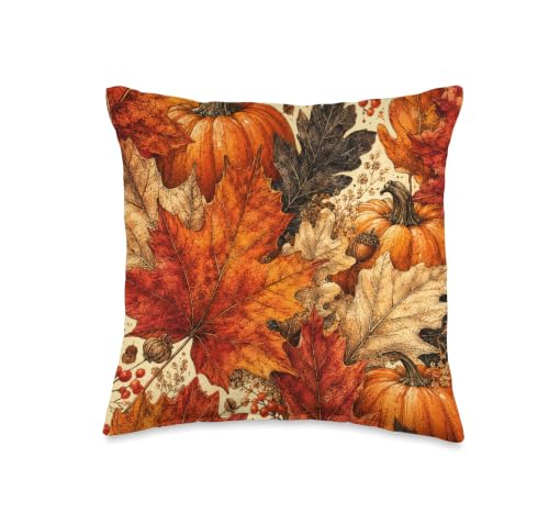 Autumn Pumpkin & Maple Leaves Throw Pillow 16x16 Fall Decor