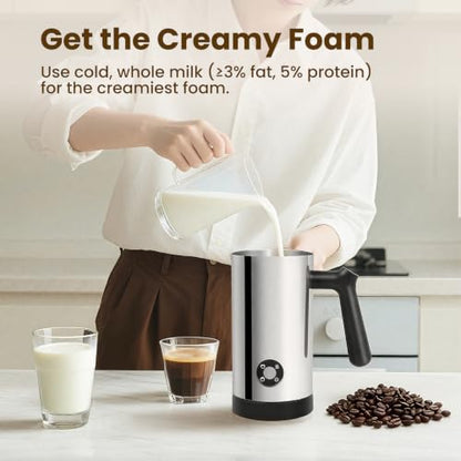 Casimhu 4-in-1 Electric Milk Frother with Light Silver Finish – Hot & Cold Foam, 10.6 oz