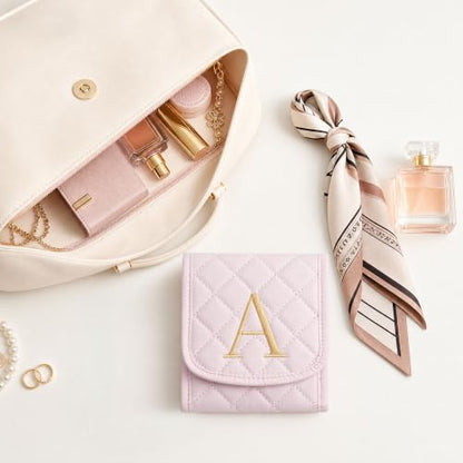 Travel Jewelry Organizer Roll for Women - Pink Initial Monogram, Compact & Portable