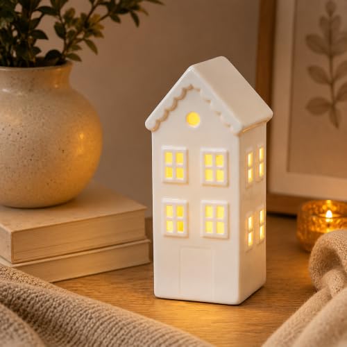 Ceramic Christmas Village Houses Set with LED Lights, Miniature Trees & Snow - G# / 1pcs