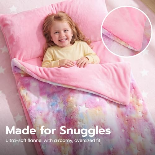 Kids Glow in The Dark Toddler Sleeping Bag with Pillow - Pink Stars, 66x33 Inches