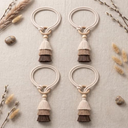 Cotton-Linen Curtain Tiebacks with Tassels - 3 Tone Layered 4 Pack - Natural Decor