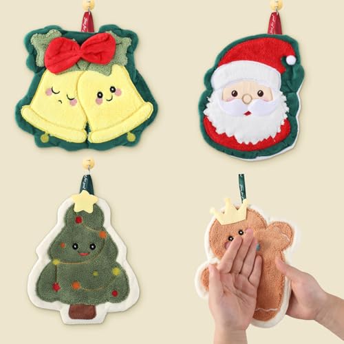 Christmas Hand Towels Set with Hanging Loop - Santa Gingerbread Tree Square - 4 pcs