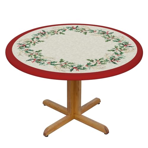 Christmas Round Tablecloth 44 Inch Fitted Holiday Cover with Elastic Edge - Green & Gold Leaf