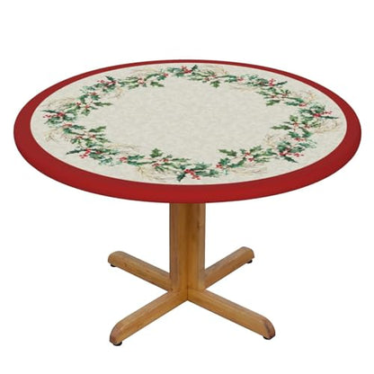 Christmas Round Tablecloth 44 Inch Fitted Holiday Cover with Elastic Edge - Green & Gold Leaf