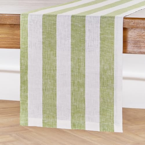 Pure Linen Table Runner 14x90 Inches Green & White Stripe - Handmade