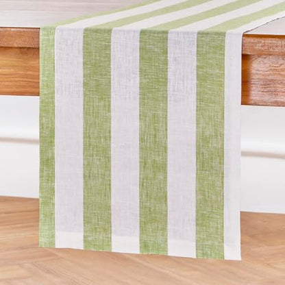 Pure Linen Table Runner 14x90 Inches Green & White Stripe - Handmade