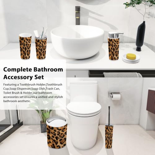 Bathroom Accessory Set 6PCS Leopard Cheetah Print Multi9 - Trash Can Soap Dispenser Toothbrush Holder