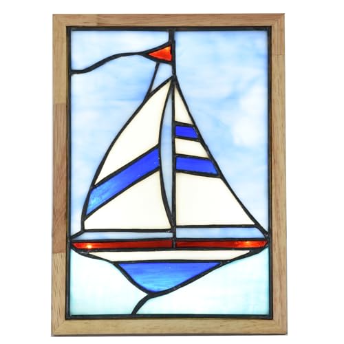 Tiffany Style Nautical Sailboat Photo Frame Lamp Night Light - Blue Sea Design, USB Powered, 3 Lighting Modes, Dimming