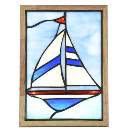 Tiffany Style Nautical Sailboat Photo Frame Lamp Night Light - Blue Sea Design, USB Powered, 3 Lighting Modes, Dimming