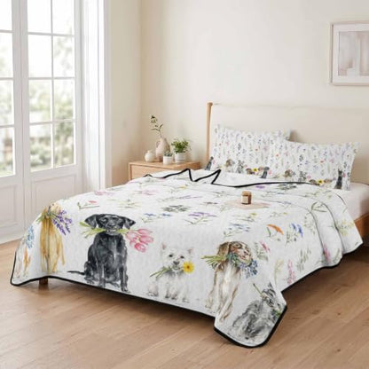 Sage Spring Floral Dog Quilt Set Twin XL 3-Piece Comforter Bedding