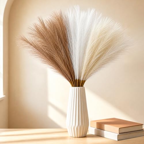 Artificial Pampas Grass Decor Set - Beige, Khaki & White, 21.6 Inch Fluffy Boho Home Accent