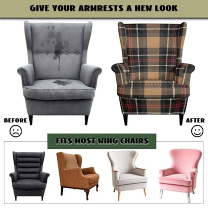 Brown Tartan Wingback Chair Cover 2 Pieces - Snug Fit, Protective & Easy to Install