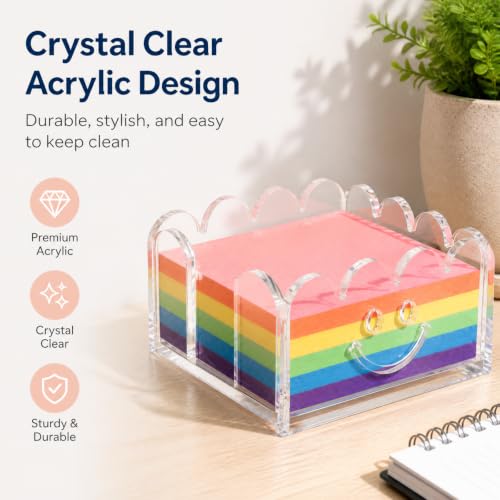 White Scalloped Acrylic Sticky Note Holder with Smile Face Cutout - 3x3 Inch Desk Organizer