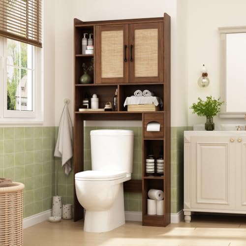 Rattan Over The Toilet Storage Cabinet - Walnut Finish Bathroom Organizer