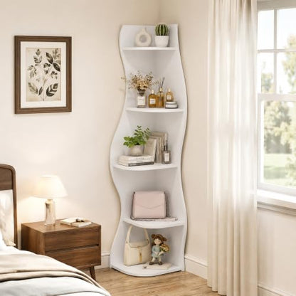 White 5-Tier Corner Shelf with S-Shaped Modern Curved Design