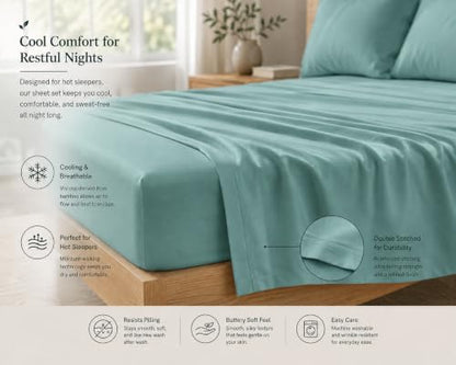 MRIDU Bamboo Viscose Bed Sheet Set - Queen, Serene Lagoon, 4-Piece