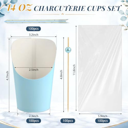 Charcuterie Cup Set with Sticks and Bags - Light Blue, 14 oz, 100 pcs