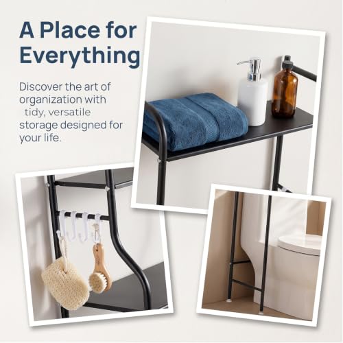Over Toilet Storage Shelf with Hooks & Anti-Tip Kit, Black Bathroom Organizer
