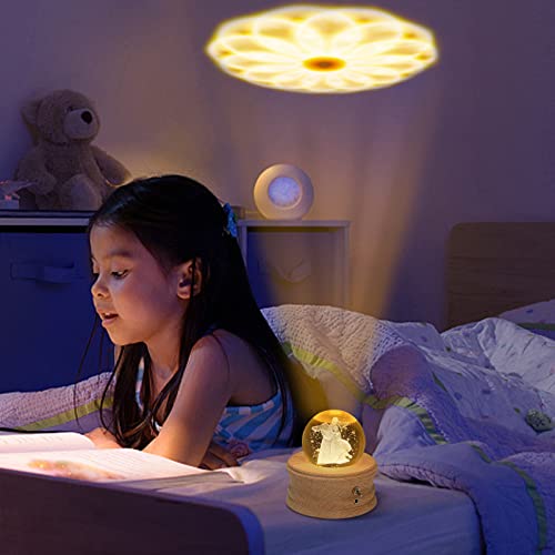 3D Crystal Ball Music Box with Projection Light and Rotating Wooden Base - Mom and Daughter
