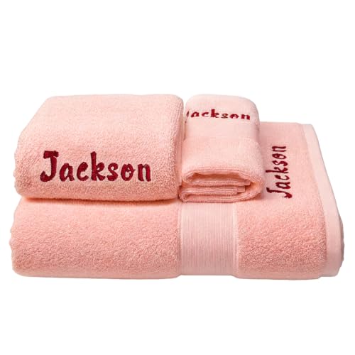 Pink Personalized Monogrammed Bath Towel Set - Embroidered Hand Towel & Washcloth