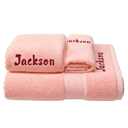 Pink Personalized Monogrammed Bath Towel Set - Embroidered Hand Towel & Washcloth