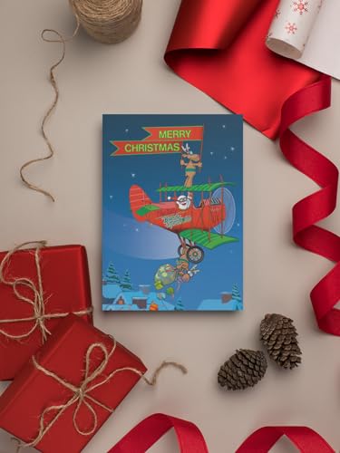 Holiday Biplane Christmas Card with Santa and Reindeer - 5x7 Greeting Card, Made in USA