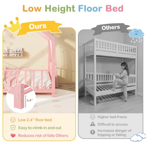 Twin Size House Shape Bed Frame with Guardrail - Pink, Low Profile, Sturdy Metal Design