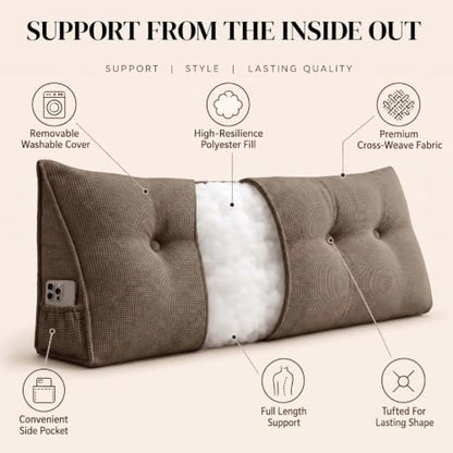Twin Size Taupe Headboard Wedge Pillow for Reading & Lounge - Supportive & Elegant