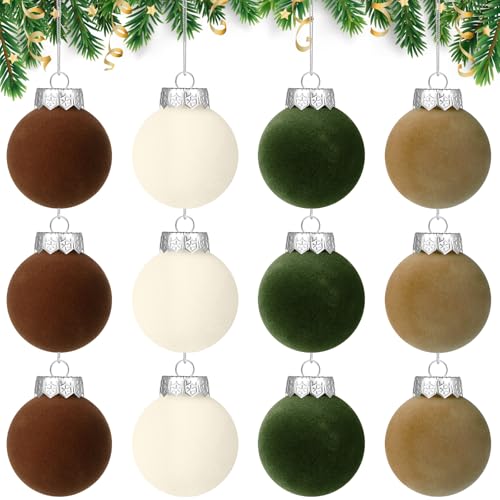 Christmas Velvet Ball Ornaments Set - Brown & Green 2.36 Inch Bulk Decorations