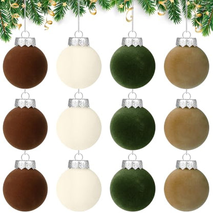 Christmas Velvet Ball Ornaments Set - Brown & Green 2.36 Inch Bulk Decorations