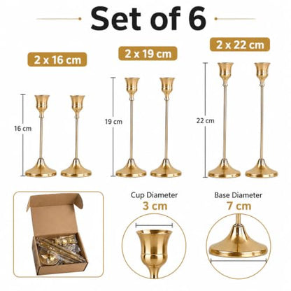 Gold Taper Candle Holders Set of 6 Brass Candlesticks for Table Decor - Brass / 6