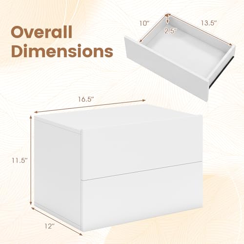 Floating Nightstand Set of 2 with Drawers, Wall Mounted - White, 16.5 x 12 x 11.5 in