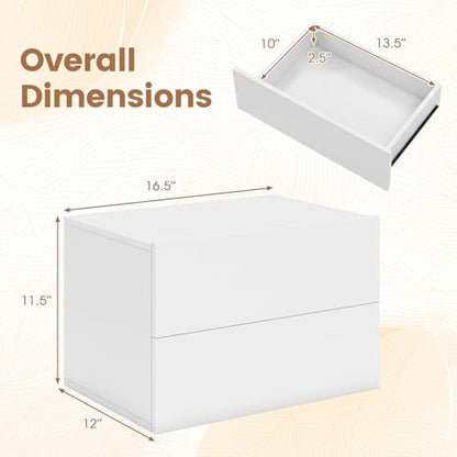 Floating Nightstand Set of 2 with Drawers, Wall Mounted - White, 16.5 x 12 x 11.5 in