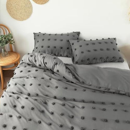 Grey Full Size Duvet Cover Set with Pom Poms and Embroidery Design