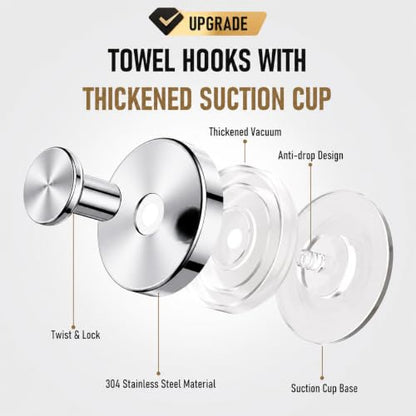 2 Pack Chrome Suction Cup Shower Hooks No Drill Bathroom Towel Robe Hooks
