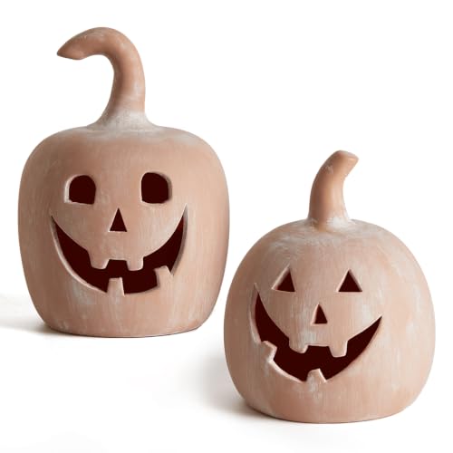 Halloween Fall Pumpkin Decor Tealight Holders, Jack O Lantern Set, Terracotta