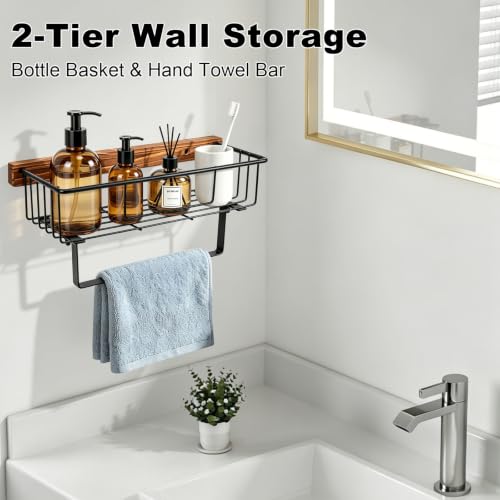 Rustic Wall-Mounted Hand Towel Holder with Wooden Storage Basket for Bathroom