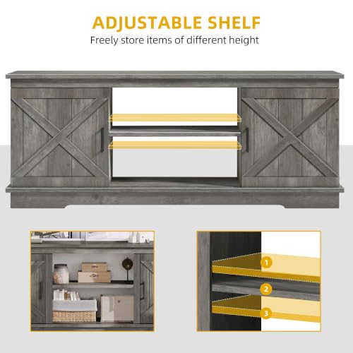 65-Inch TV Stand with Barn Doors and Adjustable Shelf, Rustic Grey - 59" without Fireplace