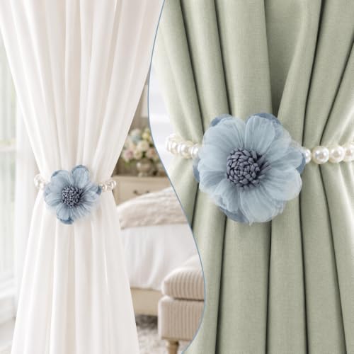 Magnetic Pearl Flower Curtain Tiebacks - Decorative Room Holdbacks, Set of 2
