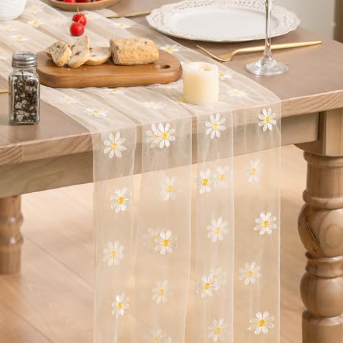 Beige Apricot Daisy Gauze Embroidery Table Runner 120 Inch for Dining & Holiday Decor