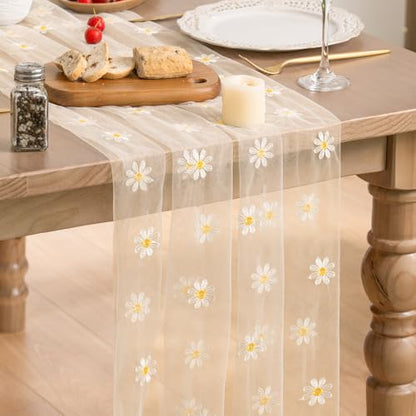 Beige Apricot Daisy Gauze Embroidery Table Runner 120 Inch for Dining & Holiday Decor