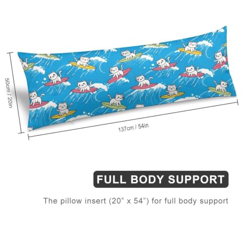 Cute Cat Surfing Body Pillow Cover 20x54 Inches Blue Waves Zipper Bed Decor - Style-3