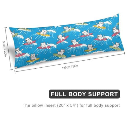 Cute Cat Surfing Body Pillow Cover 20x54 Inches Blue Waves Zipper Bed Decor - Style-3