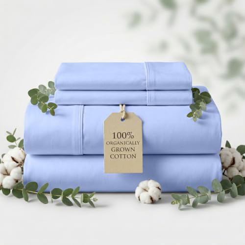 Organic Cotton Queen Bed Sheet Set Sky Blue 600 TC 4-Piece with Deep Pockets