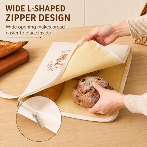 Cream Beige Beeswax Bread Bags Set for Homemade Loaves with Zipper & Buckle - Reusable Cotton Sourdough Storage - XL