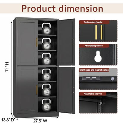 Black 71-Inch Metal Pantry Cabinet with 4 Doors & Adjustable Shelves